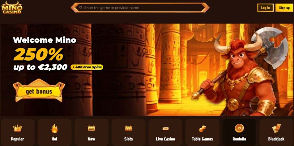 Mino Casino website main screen with game menu